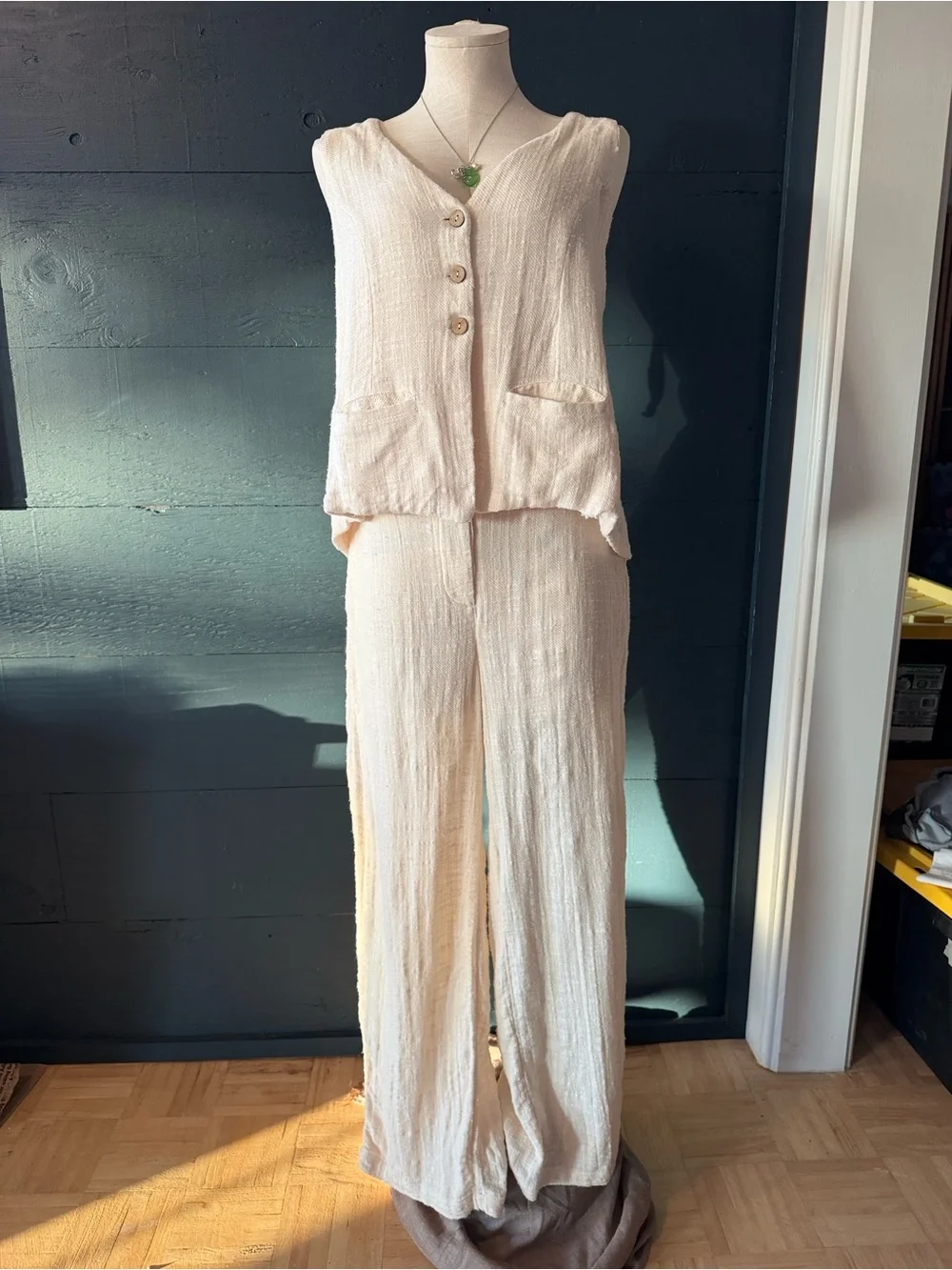Free People Cream Linen-Blend Vest & Wide Leg Pants 2-Piece Set Size S